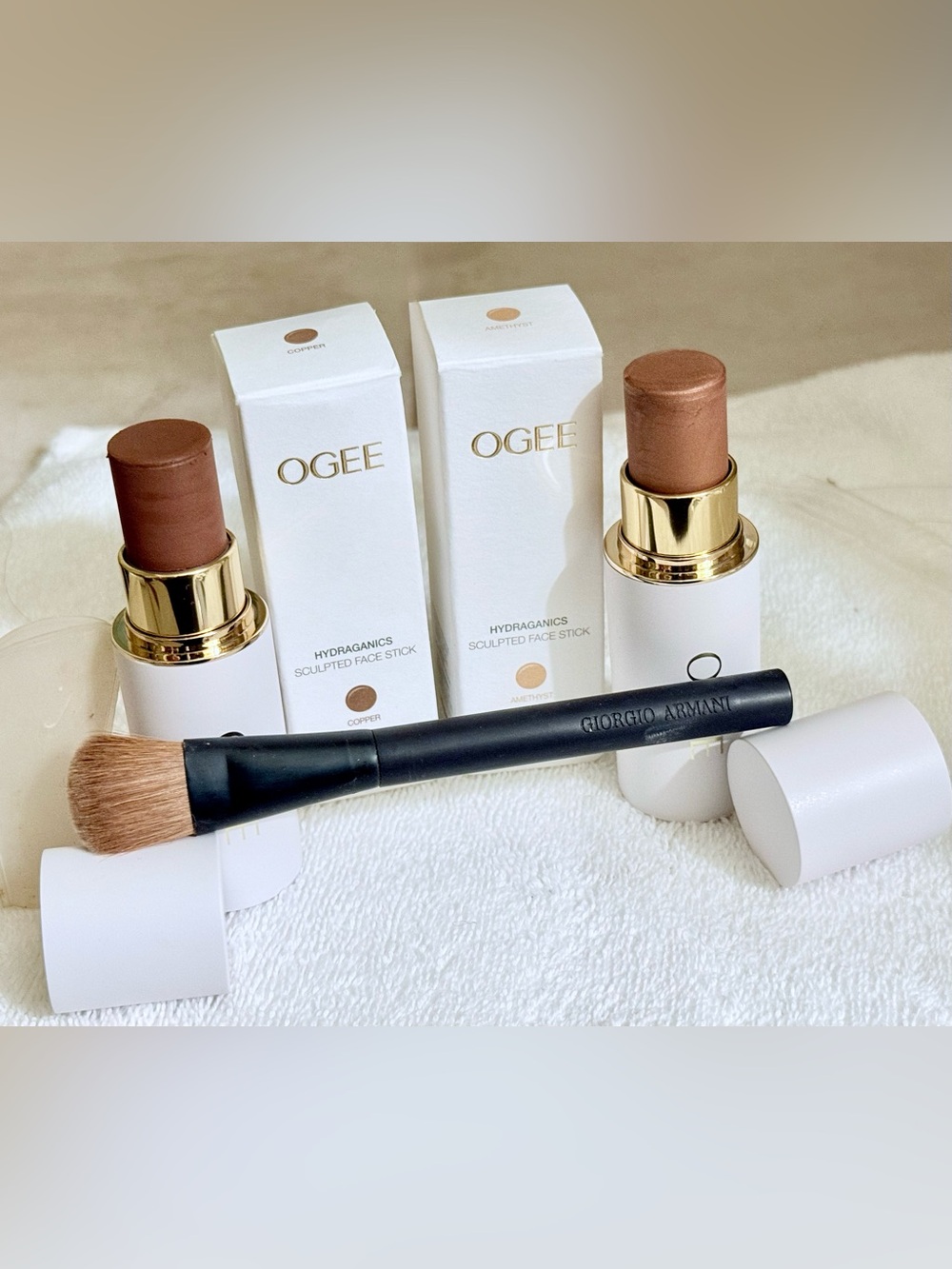 Ogee’s 2 Sculpted Face Sticks - Copper & Amethyst Glow + Armani Foundation Brush
